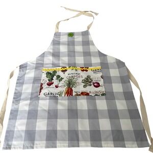 Handmade Grey Buffalo Check Kitchen Apron w Heritage Vegetable Print Pocket Trim